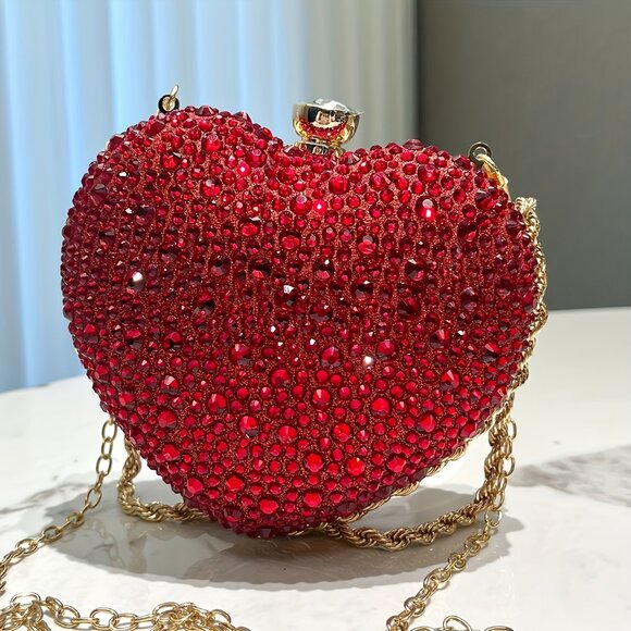 Cute Heart Shape Clutch Purse Mini Love Heart Rhinestone Wedding Handbag Party - Picture 7 of 9